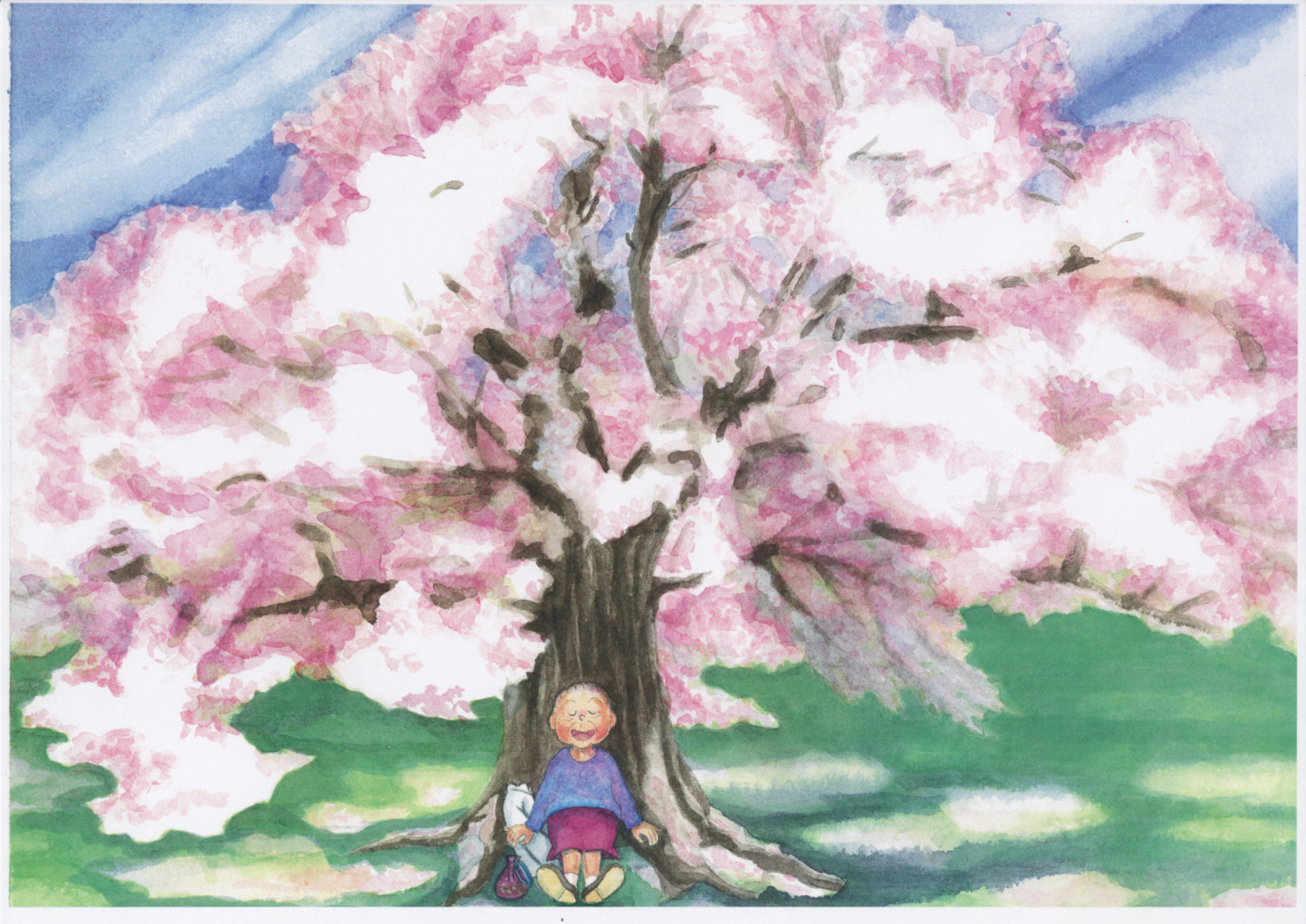 はるおばあちゃん、桜の木の下で春、満喫。